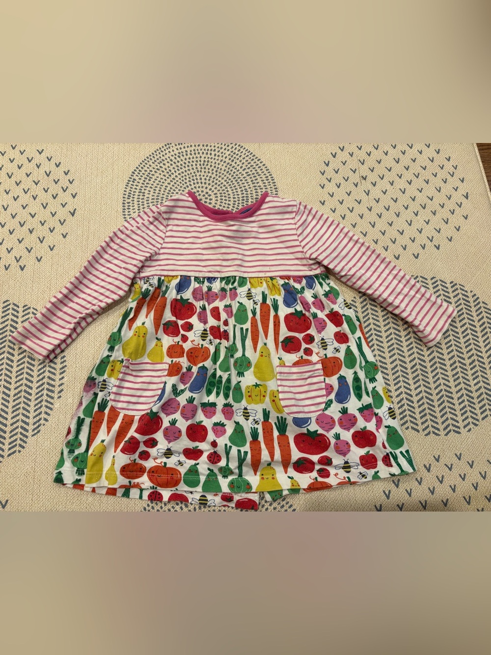 Baby Boden Pink Striped Top with Multi-Color Fruit & Veg Skirt Dress